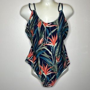 KONA SOL Swimsuit One Piece Orange & Blue Tropical Leaf Modest High Thigh Large